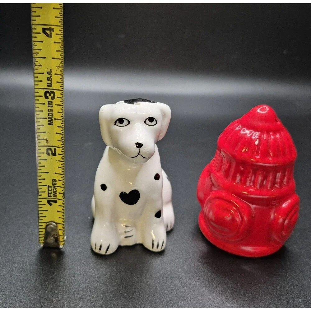 Vintage Salt & Pepper Shakers Figural Dalmation Dog + Fire Hydrant FireFighter